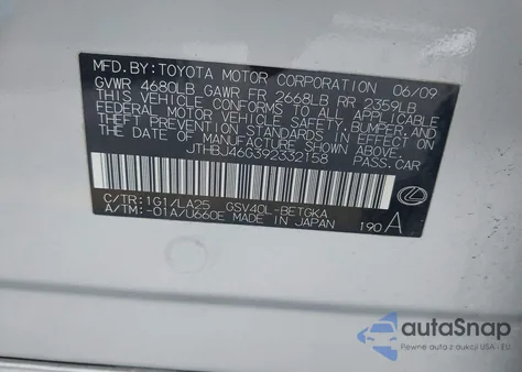 2009 Lexus Es 350 from USA, damaged, VIN JTHBJ46G392332158